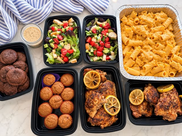A full Sophoodie delivery: lemon pepper chicken, butternut squash rigatoni, fall Caesar, ginger molasses cookies and pumpkin spice muffins