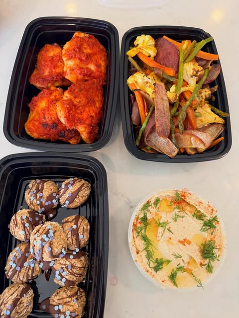 Harissa chicken thighs, hummus and curried spring vegetables